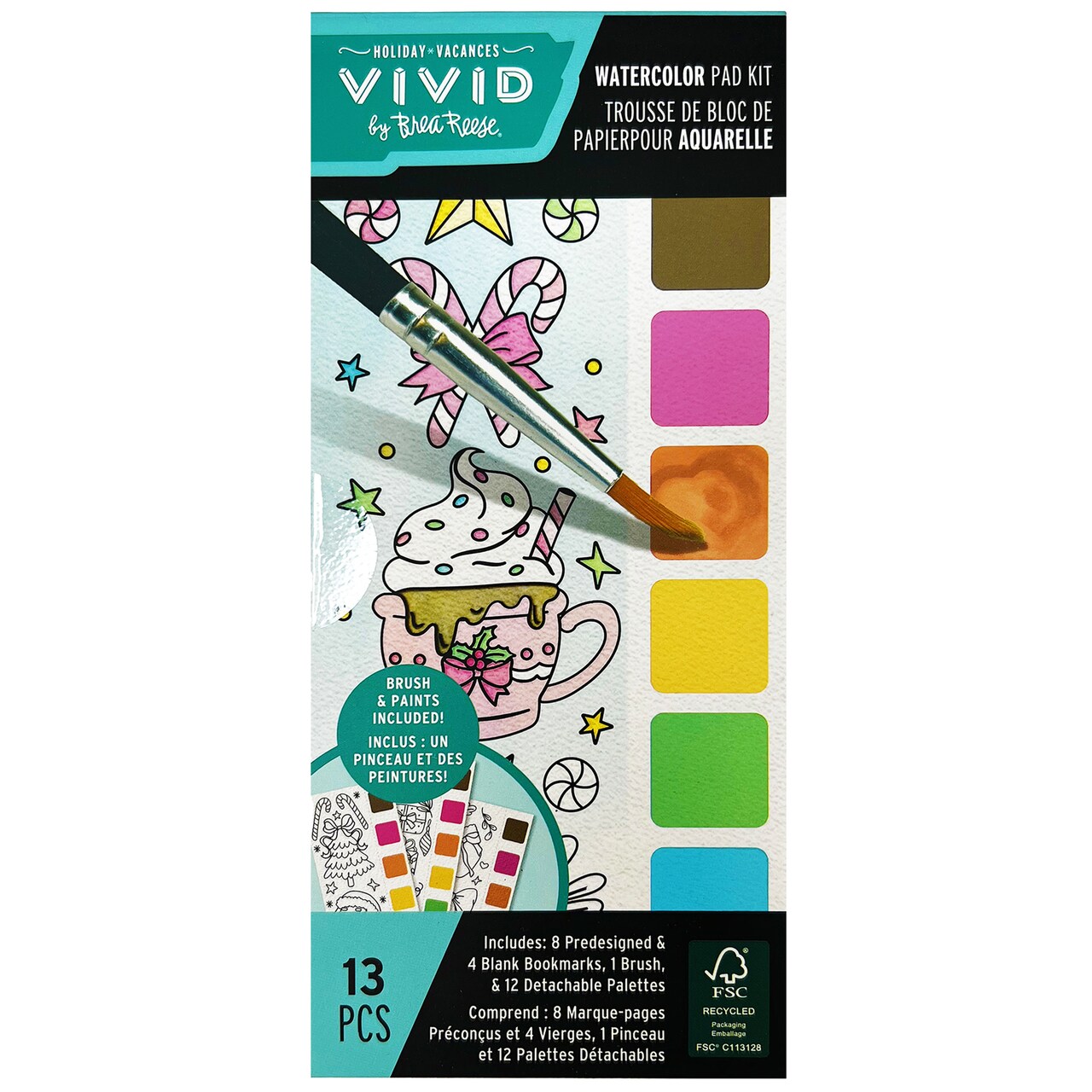 Vivid by Brea Reese: Watercolor Bookmark Pad - Hot Cocoa - 8 Holiday Christmas Designs, 4 Blank Sheets, Detachable Paint Palettes, Adult Art Activity